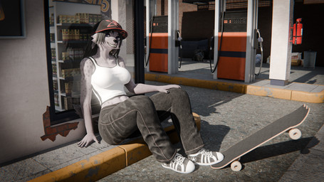 anthro baseball_cap big_breasts black_bottomwear black_clothing black_hair black_pants bottomwear breasts clothing denim denim_bottomwear denim_clothing female footwear fur hair hat headgear headwear jeans long_hair markings midriff outside pants shirt shoes sitting sitting_on_ground skateboard smile sneakers solo spots spotted_body spotted_fur tank_top topwear vehicle white_clothing white_shirt white_tank_top white_topwear annoad annoad_(modeler) blender_eevee mia_(annoad) hyena mammal 3d_(artwork) digital_media_(artwork) hi_res