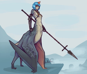 breasts claws clothed clothed_female clothed_taur clothing countershade_torso countershading feet female female_taur fingers front_view hair horn looking_at_viewer navel solo standing tail toes weapon wings lluisabadias dinosaur prehistoric_species reptile scalie taur 2026 absurd_res digital_drawing_(artwork) digital_media_(artwork) hi_res