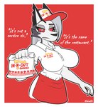 anthro apron big_breasts breasts cheek_tuft clothed clothing eyebrows eyelashes facial_tuft fast_food fast_food_(food) fast_food_employee fast_food_uniform female food fully_clothed fur grey_hair hair hat headgear headwear long_hair raised_eyebrow red_eyes simple_background solo text tuft uniform white_body white_fur iniquity helluva_boss in-n-out mythology loona_(helluva_boss) canid canid_demon canine demon hellhound mammal mythological_canine mythological_creature absurd_res digital_media_(artwork) english_text hi_res signature watermark