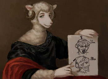 anthro brush ears_up eyebrows fur green_eyes holding_brush holding_object holding_paintbrush horn looking_at_viewer male paintbrush smile smiling_at_viewer solo text white_body white_fur white_wool wool_(fur) reynard_goodfellow soyjak reynard_the_baa wojak bovid caprine mammal sheep meme