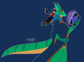 book cape clothing domino_mask eyemask eyewear female kerchief larger_female macro magic male mask nebula_dragon robe saddle size_difference smile taller_partner trevhart mythology louness trevon domestic_cat dragon felid feline felis mammal mythological_creature mythological_scalie scalie hi_res