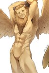 2_horns abs anthro areola armpit_hair biceps biped body_hair brown_mane brown_sclera feathered_wings feathers featureless_crotch front_view fur grey_horn hands_above_head horn lips male male_anthro mane manly mouth_closed muscular muscular_anthro muscular_male navel nude nude_anthro nude_male obliques pecs pupils quads simple_background slit_pupils snout solo spread_wings standing tan_areola tan_body tan_ears tan_fur tan_lips tan_nose tan_wings text white_background wings fox_banchan delicious_in_dungeon winged_lion_(delicious_in_dungeon) demon felid lion mammal pantherine 2024 absurd_res artist_name hi_res portrait three-quarter_portrait