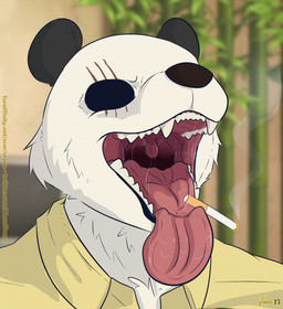 anthro bamboo black_ears black_eyes blurred_background bodily_fluids cigarette cigarette_in_mouth clothed clothing fur male mouth_shot object_in_mouth open_mouth pink_mouth pink_tongue saliva saliva_on_tongue saliva_string scar shirt smoke solo teeth text tongue topwear uvula white_body white_fur yellow_clothing yellow_shirt yellow_topwear vraze beastars gouhin_(beastars) bear giant_panda mammal 2023 artist_name bust_portrait colored dated digital_drawing_(artwork) digital_media_(artwork) hi_res portrait shaded signature url