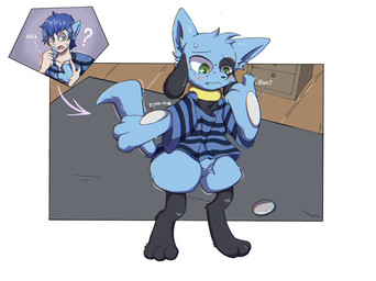 3_fingers 3_toes age_regression age_transformation aged_down anthro blue_body blue_fur blue_hair blush blush_lines claws everstone feet fingers fur fur_growth fur_tuft green_eyes growth hair human_to_feral inside lock_symbol loose_shirt loss_of_dexterity loss_of_speech male pokemon_speak pokemon_transformation question_mark sharp_teeth solo species_transformation stated_age stated_young tail tail_growth teeth text toes transformation tuft young oshoku_momiji nintendo pokemon duen_(datlucario) canid generation_4_pokemon human mammal pokemon_(species) riolu english_text hi_res