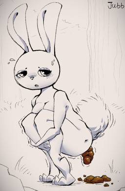 anthro bent_legs blush blush_lines bodily_fluids breasts butt_dimples cleavage clothed clothing crouching eyebrows eyelashes eyeshadow feces feces_on_ground female grass holding_both_legs holding_leg knock-kneed lidded_eyes makeup motion_lines open_mouth outside plant pooping_on_floor pooping_outside rabbit_ears scut_tail shaking short_tail side_butt solo straining sweat sweatdrop tail text tree jubb lagomorph leporid mammal rabbit 2023 artist_name