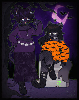 alternative_fashion anthro bat_print belt belt_collar black_boots black_clothing black_collar black_footwear black_hair blouse boots bottomwear clothing collar duo ear_piercing eyebrow_through_hair eyebrows fangs female fingerless_gloves fishnet_clothing fishnet_legwear footwear gloves goth hair handwear jewelry legwear long_skirt moon moon_necklace moon_print necklace night orange_clothing orange_sweater orange_topwear outside piercing plant ponytail purple_blouse purple_bottomwear purple_clothing purple_eyes purple_hair purple_shirt purple_skirt purple_topwear ring shirt shoes short_ponytail sitting_on_tombstone skirt sun_print sweater sweater_dress tail teeth tombstone topwear translucent translucent_hair tree yellow_eyes cosmiccrayons joan_(cosmiccrayons) arachnid arthropod bat domestic_cat felid feline felis mammal spider hi_res