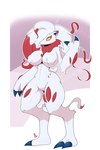 2021 absurd_res anthro big_breasts breasts chest_tuft claws curvy_figure digital_media_(artwork) dipstick_ears ear_markings eyeliner featureless_breasts featureless_crotch female fur generation_8_pokemon hair hi_res highlights_(coloring) hisuian_form hisuian_zoroark hourglass_figure long_hair looking_at_viewer makeup multicolored_ears navel nintendo pokemon pokemon_(species) pokemon_legends_arceus pokemorph pupils red_body red_fur regional_form_(pokemon) simple_background slit_pupils solo standing thegentlebro thick_thighs tuft white_body white_fur wide_hips yellow_sclera