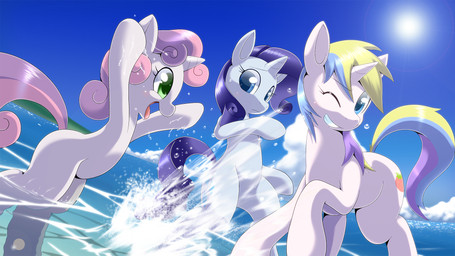 beach blue_eyes cutie_mark female feral group hair horn multicolored_hair outside seaside sky splash sun tail two_tone_hair water wet conditional_dnp oze friendship_is_magic hasbro my_little_pony mythology holly_dash_(mlp) rarity_(mlp) sweetie_belle_(mlp) equid equine mammal mythological_creature mythological_equine unicorn 16:9 2012 hi_res wallpaper widescreen sibling_(lore)
