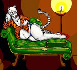 anthro belly big_breasts breasts candle clothing fainting_couch female footwear fur furniture hand_on_breast markings navel panties pregnant shoes solo spots spotted_body spotted_fur topwear underwear white_body white_fur danellz felid leopard mammal pantherine digital_media_(artwork)