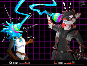 anthro biped black_body black_fur black_hair caught duo female fur gameplay_mechanics hair ladder_piercing male red_body red_fur slim_anthro slim_female slim_male white_body white_fur riggedreded canid canine fox mammal 2025 hi_res