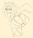 anthro big_butt bulge butt clothing ear_piercing eyewear glasses hair huge_butt jockstrap long_hair male piercing presenting shaking_butt solo teasing thick_thighs underwear yellow_and_black purple_yoshi_draws naz_(bonesman) canid canine canis mammal maned_wolf 2023 digital_media_(artwork) hi_res monochrome sepia