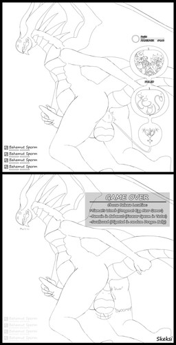 ambiguous_gender bahamut_(final_fantasy_xiv) balls black_border border butt cock_vore erection gameplay_mechanics gamete_transformation genitals group hand_on_penis horn male multiple_prey nude onomatopoeia penile penis prostate sound_effects sperm_cell_collision sperm_transformation text transformation transformation_sequence vore wings skeksi mythology bahamut dragon humanoid mythological_creature mythological_scalie scalie absurd_res comic english_text hi_res line_art monochrome