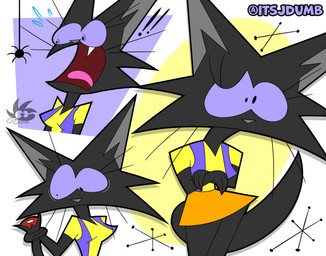 anthro black_body black_eyes black_fur bottomwear breasts clothed clothing cut_off_tail eyelashes fangs female fur medium_breasts open_mouth pointy_breasts purple_sclera scared shirt simple_background skirt solo tail teeth tongue topwear jdone jinx_(jdone) arachnid arthropod domestic_cat felid feline felis mammal spider 2025 digital_media_(artwork) hi_res