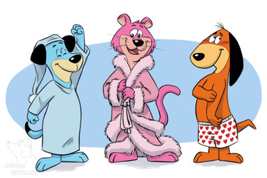 anthro blue_body blue_fur blush blush_lines clothing eyes_closed fur group heart_pattern long_ears male nightgown open_mouth orange_body orange_fur pink_body pink_fur robe shy sleepover smile stretching_arms tail trio underwear whiskers adriano_berjillos augie_doggie_and_doggie_daddy hanna-barbera the_huckleberry_hound_show doggie_daddy huckleberry_hound snagglepuss bluetick_coonhound canid canine canis coonhound cougar dachshund domestic_dog felid feline hunting_dog mammal scent_hound