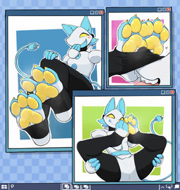 3_toes ambiguous_gender clothing duo feet female female/ambiguous foot_fetish foot_focus footwear machine pawpads paws smile socks soles stirrup_socks toeless_footwear toeless_socks toes tongue tongue_out yellow_eyes yellow_pawpads softhanten deltarune undertale_(series) tasque_manager domestic_cat felid feline felis mammal robot hi_res