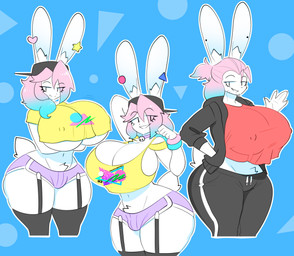 alternate_costume alternate_hairstyle anthro arm_under_breasts backwards_cap beard big_breasts black_clothing blue_background blue_hair bottomwear breasts bulge casual_clothing clothed clothed_anthro clothed_gynomorph clothed_intersex clothing crotch_tuft dolphin_shorts ear_piercing erect_nipples facial_hair furgonomics gradient_hair gynomorph gynomorph_anthro hair hat headgear headwear hooded_jacket hoodie hotpants huge_breasts intersex intersex_anthro jacket jiggling legwear logo_on_clothing logo_on_shirt logo_on_topwear looking_at_viewer motion_lines multiple_poses nipple_outline nipples pattern_background piercing pink_hair ponytail pose scut_tail shirt short_tail shorts simple_background solo stockings stubble t-shirt tail tank_top topwear track_pants tuft under_boob wristband yellow_clothing theycallhimcake pb_(theycallhimcake) lagomorph leporid mallkin mammal rabbit 2024 digital_media_(artwork) hi_res busty_boy_(lore) male_(lore)