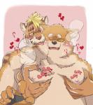 blonde_hair blush bodily_fluids breath brown_body brown_fur duo fur grope groping_chest hair heart_symbol hug hugging_another hugging_from_behind male male/male moobs nipples orange_body orange_fur panting ringed_eyes sweat text okmt_redbull ramen_wolf_and_curry_tiger jiro_mita kagetora_yanagi canid canine canis felid mammal pantherine tiger wolf hi_res translated