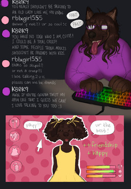 accessory anthro brown_body brown_fur chat child_grooming clothed clothing curly_hair dialogue dress duo eyewear female female/female fur gameplay_mechanics glasses hair manipulation text young breadbitch420 discord_(app) katie_(breadbitch420) phoebe_(breadbitch420) canid canine canis domestic_dog german_shepherd herding_dog mammal pastoral_dog poodle english_text hi_res