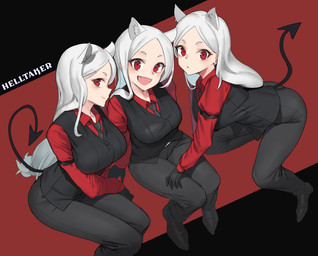 bottomwear breasts clothed clothing female footwear gloves group hair handwear necktie pants red_eyes shirt shoes spade_tail tail topwear vest white_hair urrrt helltaker cerberus_(helltaker) animal_humanoid canid canid_humanoid canine canine_humanoid demon dog_humanoid humanoid hybrid mammal mammal_humanoid 2020 hi_res