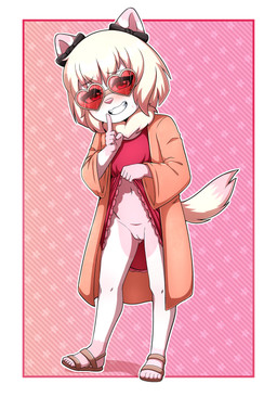 anthro biped blonde_hair blush blush_lines clothed clothing clothing_lift coat countershade_fur countershade_torso countershading eyewear female footwear front_view fur genitals glasses grin hair heart_glasses humanoid_genitalia humanoid_vulva looking_at_viewer multicolored_body multicolored_fur navel neck_tuft no_underwear pink_body pink_countershading pink_fur pink_nose plantigrade presenting presenting_vulva red_clothing reverse_countershading sandals shoes short_hair shush simple_background smile solo standing topwear tuft two_tone_body two_tone_fur vulva wearing_glasses white_body white_fur young young_anthro young_female gi0 canid canine canis domestic_dog mammal pomeranian spitz 2026 absurd_res hi_res