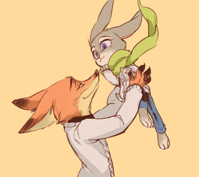 anthro black_nose brown_body brown_fur clothing duo female fur green_eyes grey_body grey_fur half-closed_eyes holding_another long_ears male narrowed_eyes purple_eyes scarf smile sweater topwear white_body white_fur lenmue0 disney zootopia judy_hopps nick_wilde canid canine european_rabbit fox lagomorph leporid mammal oryctolagus rabbit red_fox true_fox