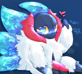 anthro blush bodily_fluids dripping fur genital_fluids genitals gesture heart_symbol male penis precum precum_drip smile smiling_at_viewer solo star_pupils waving waving_at_viewer wet_wings white_body white_fur petrichorfractal nintendo pokemon mirithriel_(petrichorfractal) ancient_pokemon generation_9_pokemon paradox_pokemon pokemon_(species) slither_wing hi_res