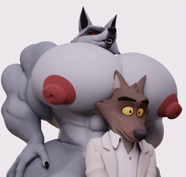 abs anthro big_muscles big_pecs black_body black_claws black_fur brown_body brown_fur claws clothing duo fur grey_body grey_fur huge_muscles huge_pecs huge_thighs hyper hyper_muscles hyper_pecs intraspecies larger_male male multicolored_body multicolored_fur muscular muscular_anthro muscular_arms muscular_male nipples pecs pink_nipples red_eyes sharp_teeth size_difference smaller_male suit teeth thick_thighs white_body white_clothing white_fur white_suit yellow_eyes oleanderin valorlynz_(modeler) dreamworks puss_in_boots_(franchise) the_bad_guys death_(puss_in_boots) mr._wolf_(the_bad_guys) canid canine canis mammal wolf 3d_(artwork) crossover digital_media_(artwork) hi_res