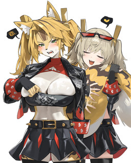 anthro big_breasts biped blush bodily_fluids bottomwear breasts clothed clothing cosplay duo eyes_closed female female/female fur green_eyes hair heart_symbol hug midriff open_mouth petting pigtails simple_background smile stroking_tail sweat sweatdrop tail tail_hug tail_petting topwear twintails_(hairstyle) undersized_clothing hood_(james_x) mihoyo zenless_zone_zero burnice_white pulchra_fellini felid feline felis human mammal thiren 2026 absurd_res digital_media_(artwork) hi_res