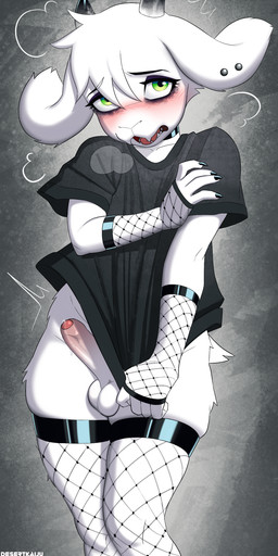 alternative_fashion anthro balls biped black_choker black_clothing black_eyebrows black_eyeshadow black_fingernails black_horn black_jewelry black_nails black_necklace black_shirt black_t-shirt black_topwear blush blush_lines blushing_at_viewer bodily_fluids bottomless bottomless_anthro bottomless_male breath choker clothed clothed_anthro clothed_male clothing clothing_pull collarbone colored_nails ear_piercing embarrassed erection eyebrow_through_hair eyebrows eyelashes eyeliner eyeshadow femboy fingernails fingers fishnet_clothing fishnet_handwear fishnet_legwear flesh_fang floppy_ears foreskin front_view fur genital_fluids genitals glans goth gradient_horn gradient_penis green_eyes grey_background hair handwear horn humanoid_genitalia humanoid_hands humanoid_penis jewelry legwear looking_at_viewer lop_ears makeup male male_anthro multicolored_penis nails necklace open_mouth penis piercing pink_penis precum pupils red_blush red_glans sharp_teeth shirt shirt_pull short_hair shy simple_background solo standing t-shirt t-shirt_pull teeth text tongue topwear topwear_pull translucent translucent_hair urethra white_body white_fur white_hair white_horn white_penis white_sclera white_text desertkaiju undertale undertale_(series) asriel_dreemurr bovid caprine goat mammal absurd_res artist_name hi_res portrait shaded three-quarter_portrait