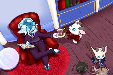 anthro beverage big_breasts blue_eyes blue_hair blue_hooves book bookshelf breasts brown_body brown_fur bucket carpet cleaning cleaning_floor cleaning_tool clothing coffee coffee_cup container crossed_legs cup curved_horn curvy_figure dish female floor fur furniture glass_table group hair holding_book holding_object hooves horn looking_at_another male male/female mop mopping multicolored_hair reading servant size_difference smaller_female smaller_male sofa spotted_face table tied_hair trio uniform white_body white_fur wood wood_floor twtr cinnamon_the_goat svetlana_the_goat sweet_the_goat bovid caprine goat humanoid mammal 3:2 hi_res