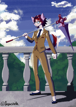 anthro female landscape_background solo weapon weapon_on_shoulder gingastella silvia_(gingastella) canid canine humanoid mammal absurd_res hi_res