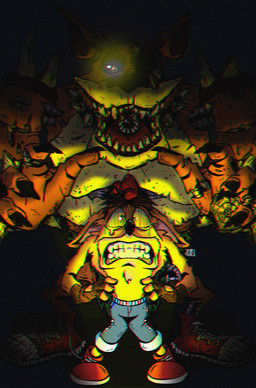 abs anthro black_sclera bodily_fluids bottomwear bracelet claws clenched_teeth clothing collar duo evil_face evil_grin eyebrows fingerless_gloves footwear fur gloves glowing glowing_eyes hair handwear jewelry larger_male loincloth machine male metal metallic_body muscular muscular_anthro muscular_male open_mouth open_smile orange_body orange_fur pants pivoted_ears red_hair scared scary sharp_teeth shoes shoulder_pads size_difference smaller_male smile spiked_bracelet spiked_collar spiked_shoulder_pads spikes tan_body tan_fur tears tears_of_fear teeth thick_eyebrows jetto2 activision crash_bandicoot_(series) five_nights_at_freddy's scottgames crash_bandicoot tiny_tiger animatronic bandicoot dasyuromorph mammal marsupial recently_extinct_species robot thylacine 2025 absurd_res hi_res