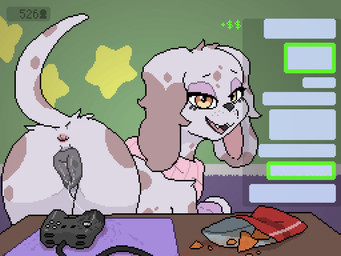 after_masturbation animal_genitalia animal_vulva anus black_nose bodily_fluids brown_body brown_ears brown_fur brown_tail butt canine_genitalia canine_vulva chat chips_(food) clothing controller currency_symbol desk dollar_sign eyelashes fangs female female_feral feral floppy_ears food fur furniture game_controller genital_fluids genitals grey_vulva half-closed_eyes livestream long_ears looking_at_viewer looking_back looking_back_at_viewer markings multicolored_body multicolored_ears multicolored_fur narrowed_eyes nude open_mouth orange_eyes pink_anus pink_inner_ear pink_scarf pink_tongue presenting presenting_hindquarters pupils purple_wristband scarf shaking_butt smile snout solo spots spotted_body spotted_fur symbol table tail teeth tongue two_tone_body two_tone_ears two_tone_fur two_tone_tail vaginal_fluid_string vaginal_fluids vaginal_fluids_on_controller vaginal_fluids_on_object vaginal_fluids_on_vulva vulva whisker_spots white_body white_ears white_fur white_tail koboldklaws doritos frito-lay naiara_(waketab) canid canine canis dalmatian domestic_dog mammal 2025 2d_animation 4:3 animated digital_media_(artwork) hi_res loop pixel_(artwork) pixel_animation