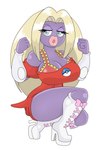 anthro big_breasts blonde_hair blue_eyes bra breasts clothed clothing dress eyelashes female footwear generation_1_pokemon great_ball hair hi_res huge_breasts jynx lips nintendo not_furry pink_lips pokeball pokemon pokemon_(species) purple_body red_clothing shoes simple_background solo underwear urusee584 white_background