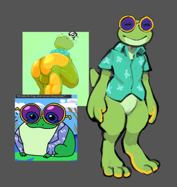 anthro balls barefoot bottomless butt clothed clothing eyes_closed eyewear feet feral genitals green_body male simple_background smile soles solo sunglasses text latchk3y marcellus_(latchk3y) amphibian frog 2023 english_text