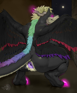 alley anthro anus crouching detailed_background double_wings glowing glowing_horn horn male mane night presenting presenting_anus solo tail wings panpy_draws mythology shiruku dragon mythological_creature mythological_scalie scalie hi_res
