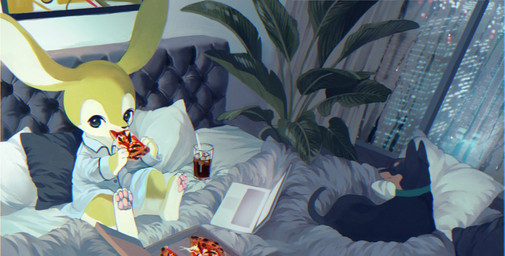 ambiguous_gender anthro bed building city computer container cup duo eating electronics feral food furniture inside laptop on_bed pawpads pizza plant plant_pot potted_plant sitting window mayumochi canid canine canis deer domestic_dog hybrid lagomorph mammal hi_res