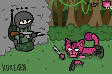anthro camo crawling duo ellipsis forest gameplay_mechanics grass gun handgun humor jungle knife lying magenta_fur male on_front pistol pixelated plant ranged_weapon shrub smug smug_grin sneaking solo suspenders tree vines weapon kurzaen_(artist) konami metal_gear metal_gear_solid_3 kurzaen_(character) felid human mammal