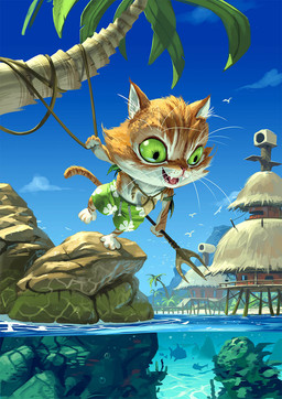 anthro beach bottomwear brown_body brown_fur building chibi clothing day fur green_eyes holding_melee_weapon holding_object holding_polearm holding_trident holding_weapon house male melee_weapon mountain open_mouth outside palm_tree plant polearm shorts smile solo tail tree trident water weapon whiskers paul_mafayon chawai domestic_cat felid feline felis mammal 2018 hi_res official_art
