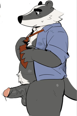 accessory anthro balls black_body black_nose bodily_fluids erection genital_fluids genitals kemono male mature_male necktie overweight overweight_male penis precum simple_background solo standing sweat white_background white_body artxtcy beastly_crimes beastly_crimes_(2024) chief_badger badger mammal mustelid musteline 2026