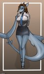 anthro blue_body bottomwear brown_hair clothing female footwear green_eyes hair moles necktie office_clothing office_lady shark_fin shark_tail shirt shoes skirt solo topwear hardenonn fish marine shark 2023 absurd_res digital_media_(artwork) hi_res