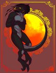 absurd_res anthro areye_(artist) art_nouveau belly_scales black_body digitigrade embarrassed glowing glowing_eyes hi_res horn looking_back male open_mouth pattern_background reptile scales scalie simple_background solo