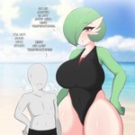 beach big_breasts blush blush_lines bodily_fluids breasts clothed clothing cloud dialogue duo female green_body green_hair hair hair_over_eye hand_on_hip larger_female male navel navel_outline not_furry one-piece_swimsuit one_eye_obstructed open_mouth orange_eyes sea seaside size_difference sky smaller_male sweat swimming_trunks swimwear teeth text thick_thighs water white_body saltyxodium nintendo pokemon anon hornyvoir gardevoir generation_3_pokemon human mammal pokemon_(species) 1:1 2021 absurd_res english_text hi_res