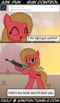 brown_hair cutie_mark female feral green_eyes gun hair humor joke politics pun ranged_weapon rifle tail text weapon unknown_artist ask_pun hasbro my_little_pony tumblr fan_character pun_pony earth_pony equid equine horse mammal pony comic english_text