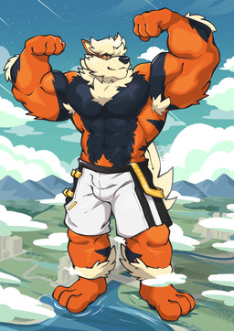 abs anthro armpit_hair barazoku biceps big_muscles body_hair bottomwear bulge chest_hair clothed clothing flexing fur happy_trail huge_muscles looking_at_viewer macro male muscular muscular_anthro muscular_male orange_body orange_fur outside pecs shorts shorts_only solo standing topless oinu_kori nintendo pokemon kori_(oinu_kori) arcanine canid canine generation_1_pokemon mammal pokemon_(species) digital_media_(artwork) hi_res