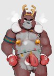 anthro balls belly black_nose blush brown_body clothing genitals gloves handwear hat hat_on_penis headgear headwear holidays kemono male moobs nipples overweight overweight_male penis_clothing penis_hat solo ujishiyo christmas canid canine canis domestic_dog mammal 2021 hi_res