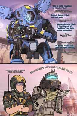 armor blue_body blue_eyes body_armor bracers clothing confusion crossed_arms detailed_background dialogue disgust disgusted_face duo female frustrated gloves handwear headgear headpat helmet holding_partner looking_at_another looking_at_partner machine male male/female mecha military military_uniform onomatopoeia outside shoulder_pads size_difference soldier sound_effects standing stripes text two_panel_image uniform warrior yellow_stripes warjenkins electronic_arts respawn_entertainment titanfall pilot_(titanfall) human humanoid mammal robot absurd_res comic digital_media_(artwork) english_text hi_res signature