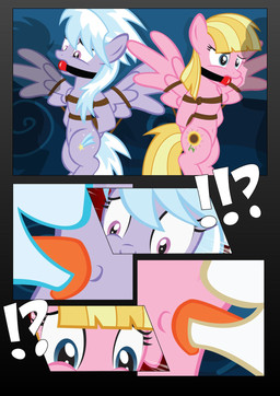ball_gag bdsm blonde_hair blue_eyes blue_hair bondage bound cutie_mark duo_focus exclamation_point feathered_wings feathers female feral gag gagged group hair interrobang licking navel pink_body pink_feathers purple_body purple_eyes purple_feathers question_mark shadow simple_background tongue tongue_out white_hair wings radiantrealm friendship_is_magic hasbro my_little_pony mythology cloud_chaser_(mlp) flowershine_(mlp) equid equine mammal mythological_creature mythological_equine pegasus 2014 hi_res unavailable_at_source
