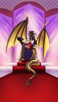 anthro book bottomwear chair claws clothed clothing crossed_legs detailed_background fist furniture grimoire hat headgear headwear holding_object horn leaning_on_self looking_at_viewer male red_eyes royalty simple_background sitting smile smiling_at_viewer smirk solo tail teeth throne throne_room topwear wings hoshka mythology dragon mythological_creature mythological_scalie scalie digital_drawing_(artwork) digital_media_(artwork) full-length_portrait hi_res portrait