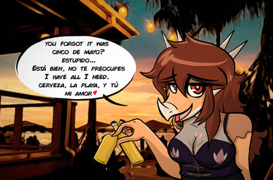anthro beverage clothed clothing dialogue female floral_pattern hair long_hair looking_at_viewer multicolored_body orange_body red_eyes red_hair solo speech_bubble sunset talking_to_viewer text translucent translucent_clothing two_tone_body seven_(artist) cavemanon_studios goodbye_volcano_high ko_op_(game_developer) snoot_game rosa_(gvh) aquilops ceratopsian dinosaur marginocephalian ornithischian prehistoric_species reptile scalie english_text spanish_text